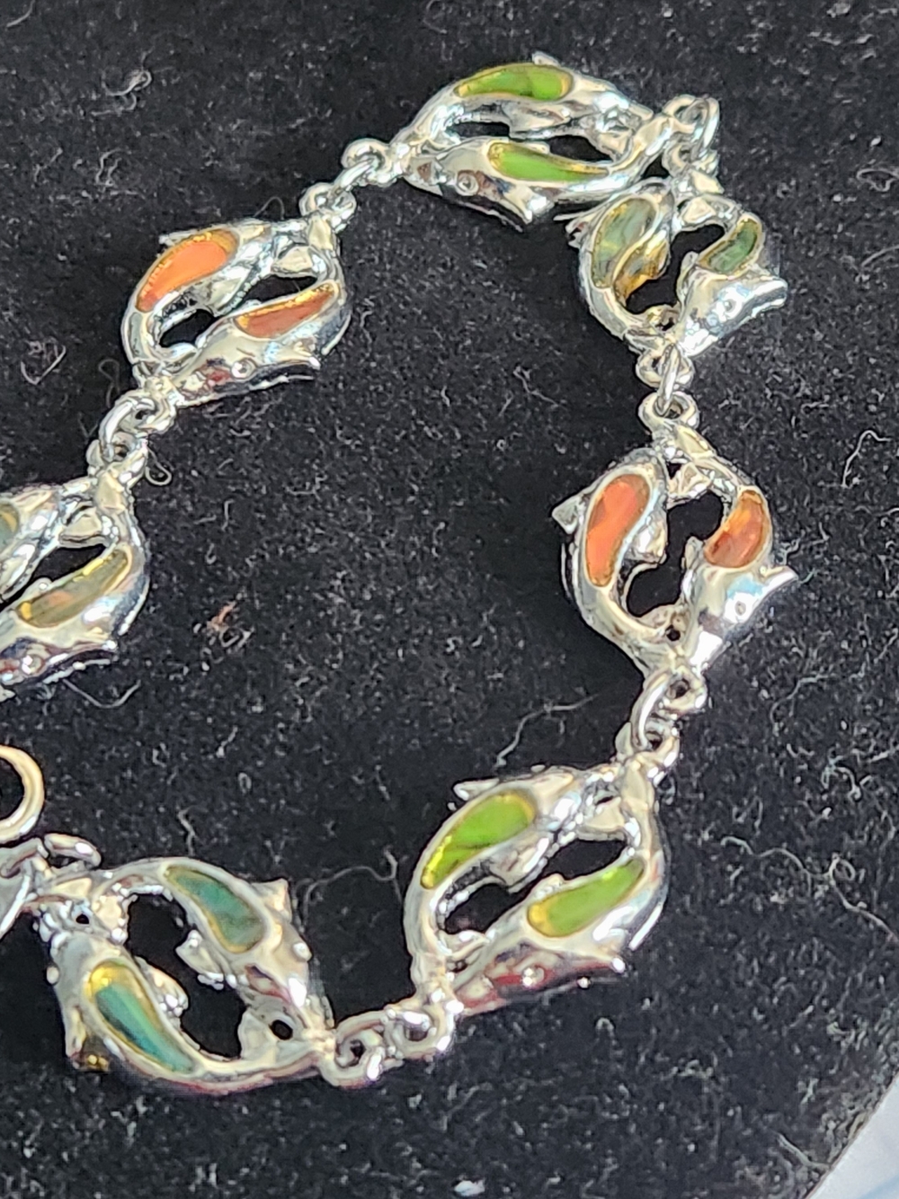 Dolphin Stainless Enamel Link Bracelet - Green & Orange